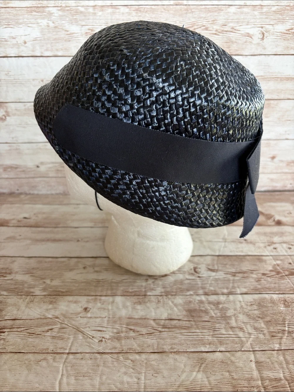 Vintage Navy Woven Cloche Hat with Grosgrain Band - Picture 3 of 7